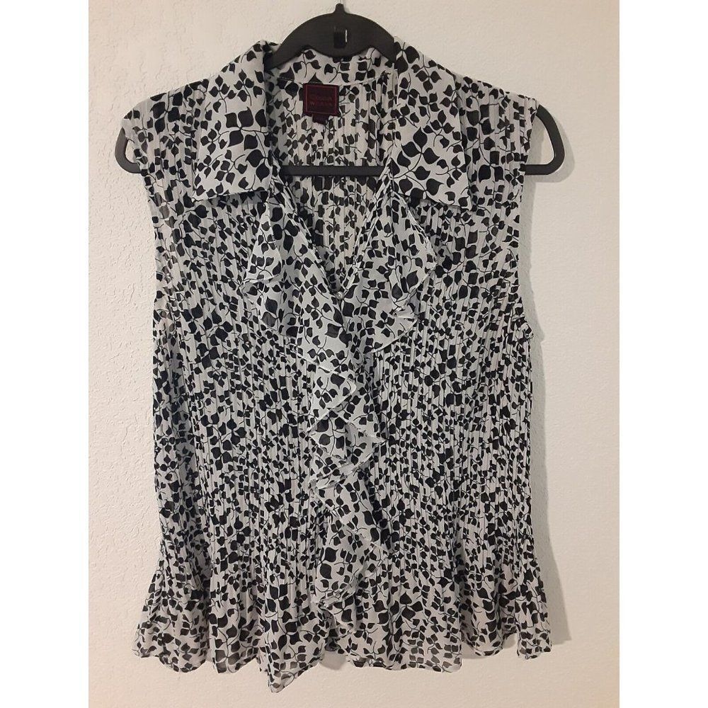 Color Works Women's Sleeveless Ruffled Button Up Blouse XXL Black White Stretch